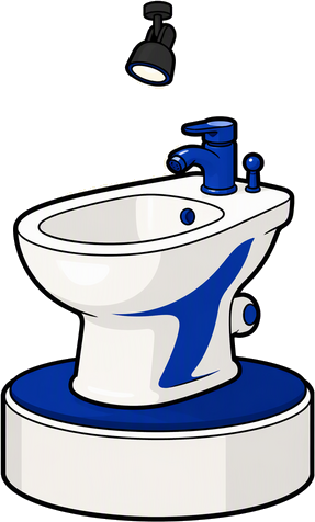 Bidê num pedestal com spot de galeria, detalhe azul