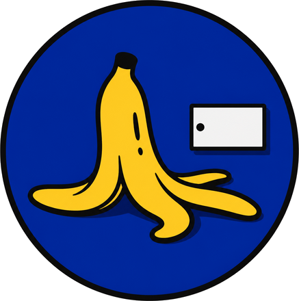 Casca de banana com plaquinha de museu num círculo azul