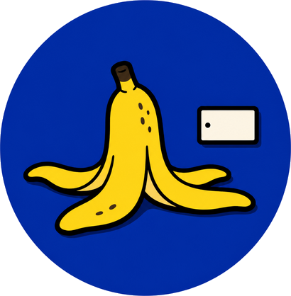 Casca de banana com plaquinha num círculo azul sem borda