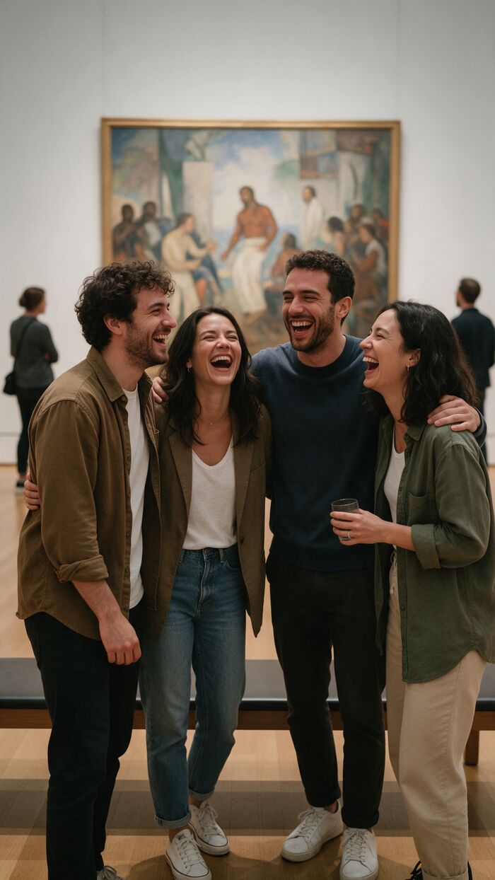 Amigos rindo diante de uma pintura num museu